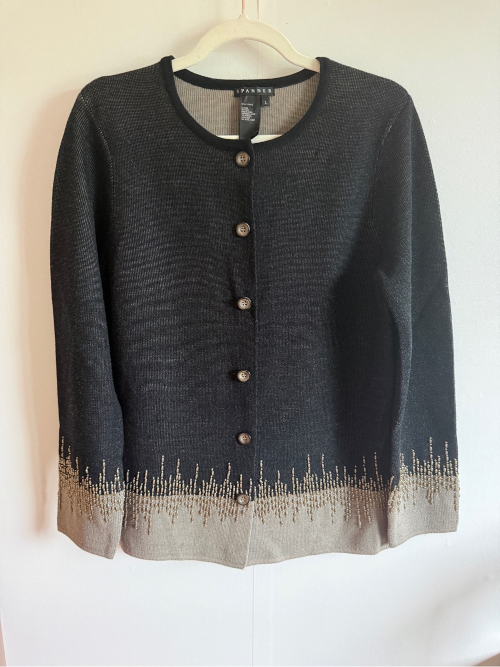 Spanner L Wool Blend Beaded Cardigan Black Taupe Button Front Sweater